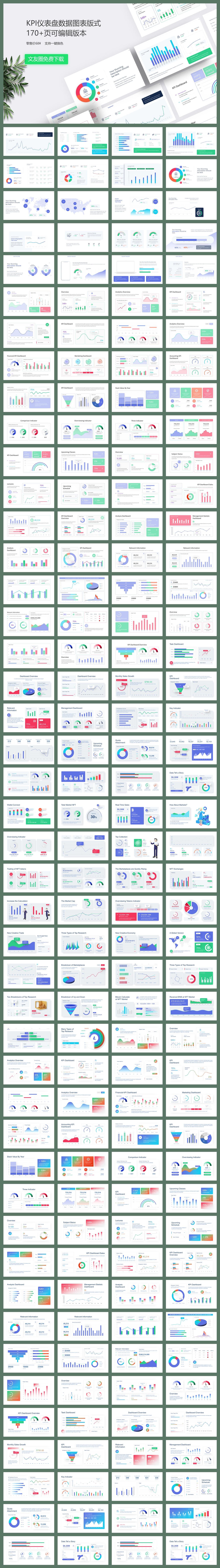 178页精美清新配色KPI仪表盘数据图表PPT模板版式
