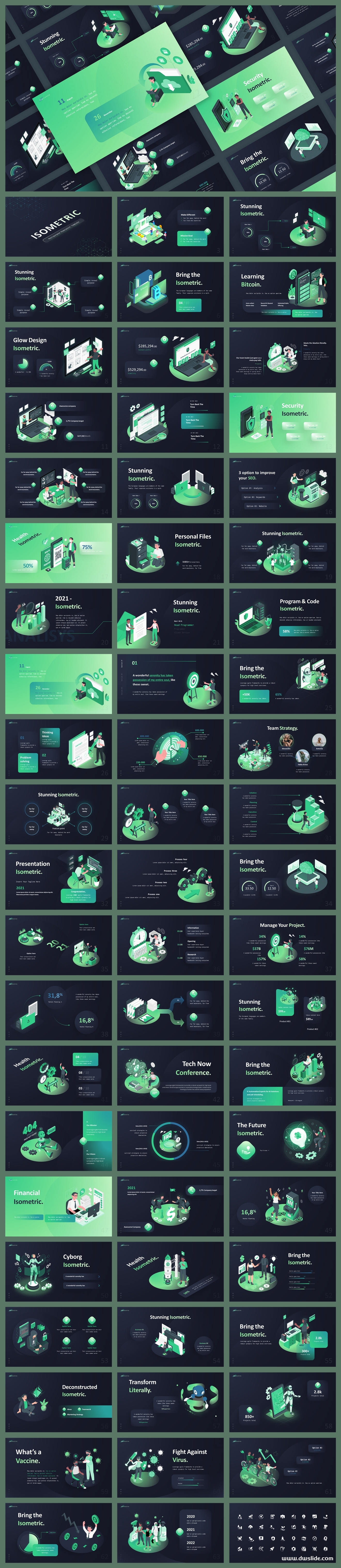 60页绿色高级插画风数据图表动态动画PPT版式合集打包