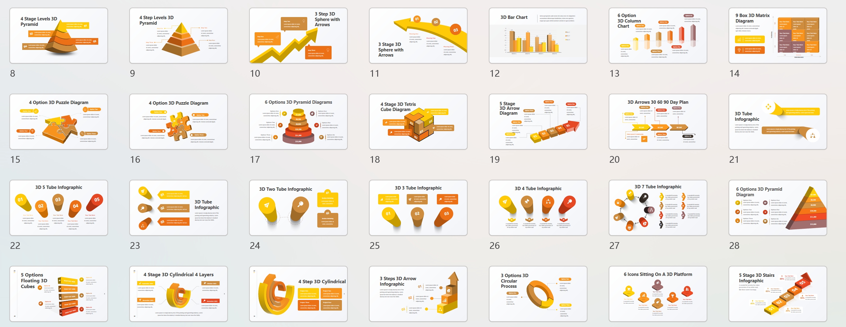 200页纯PPT绘制3D形状立体图示PPT模板版式,一键换色!