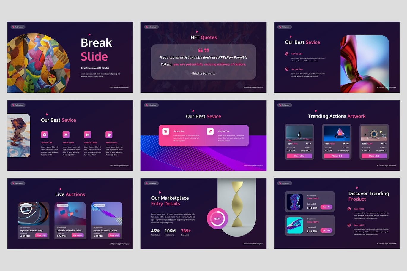 NFT深色棕色创意艺术作品集PPT模板 (PPT,PPTX)