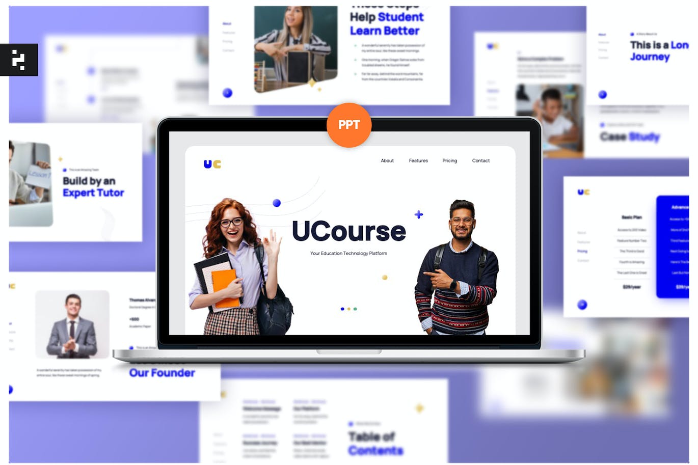 紫色百搭的线上教育宣传PPT模版 (PPTX)