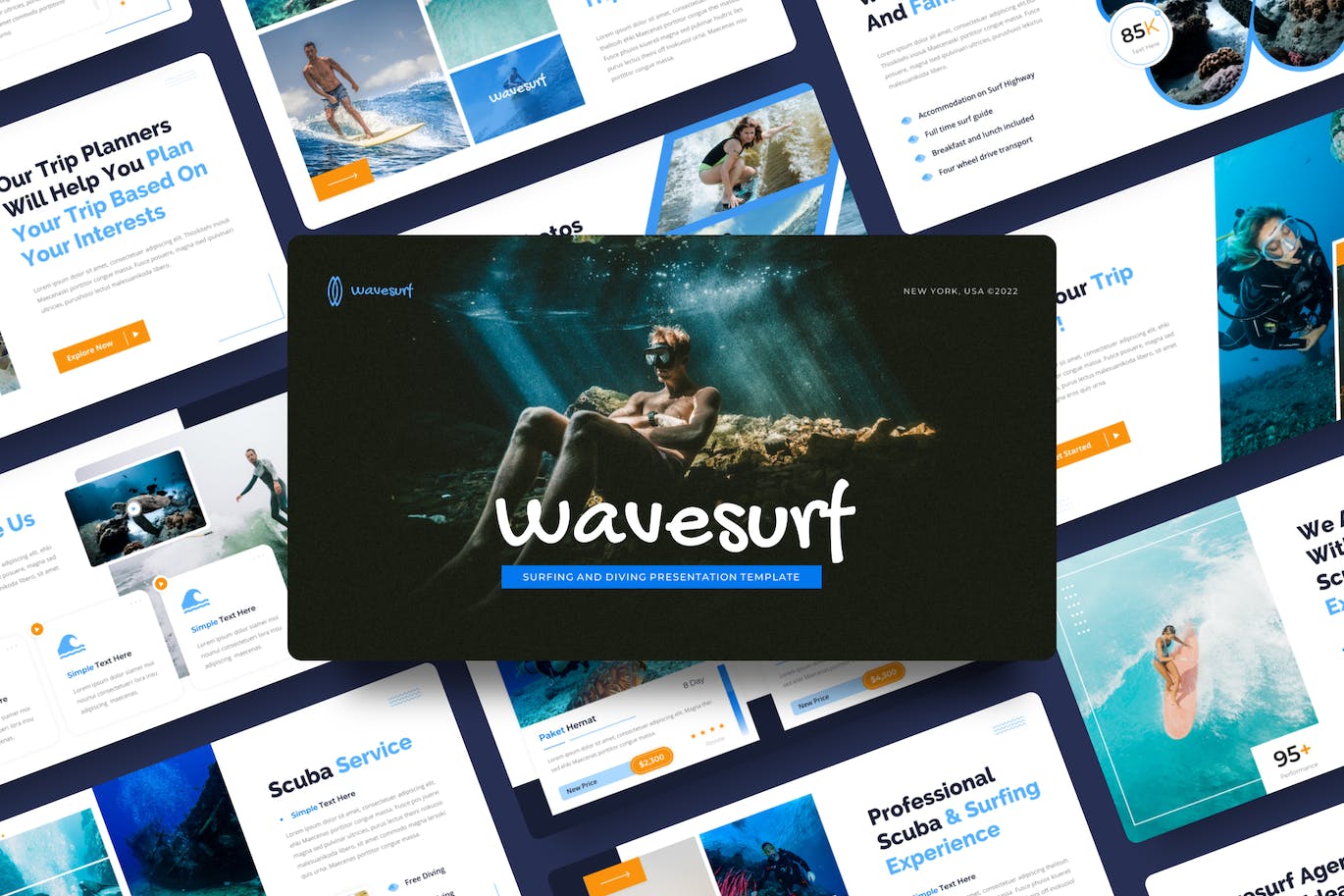 冲浪和潜水度假旅行ppt模板 (PPTX,PPT)