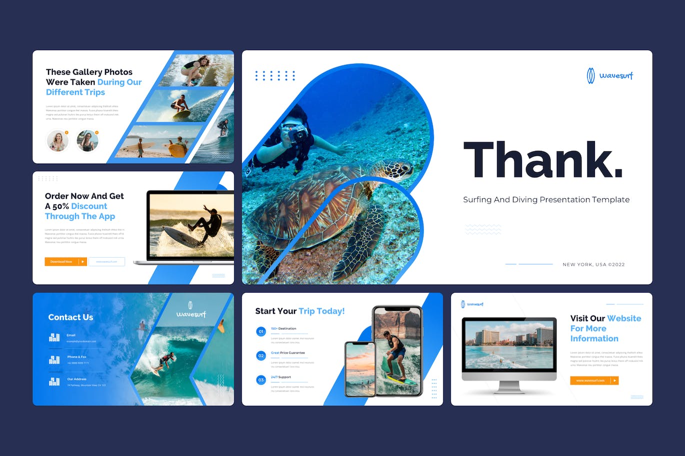 冲浪和潜水度假旅行ppt模板 (PPTX,PPT)