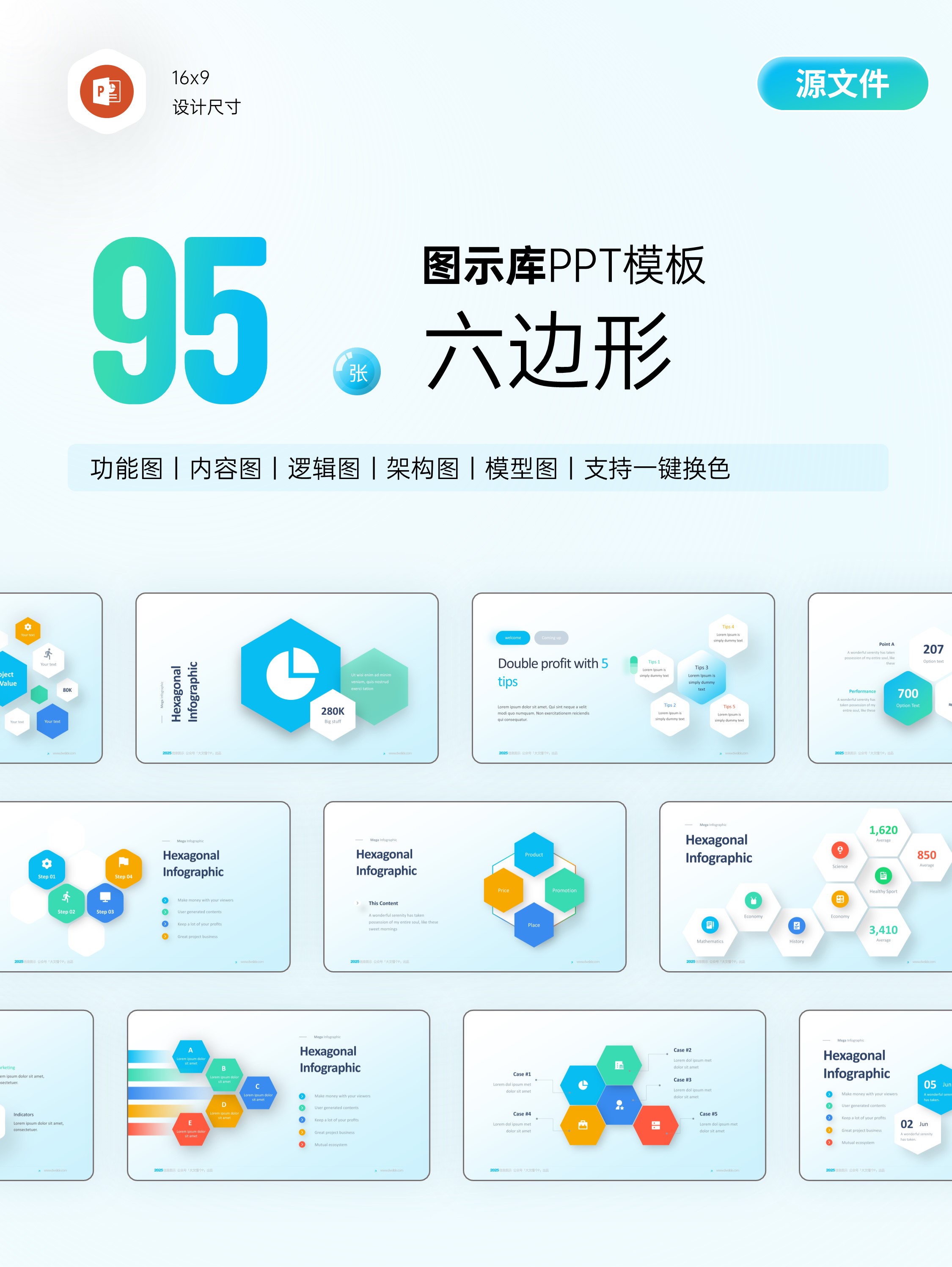 95页六边形信息图示PPT模板，一键换色[2303003]