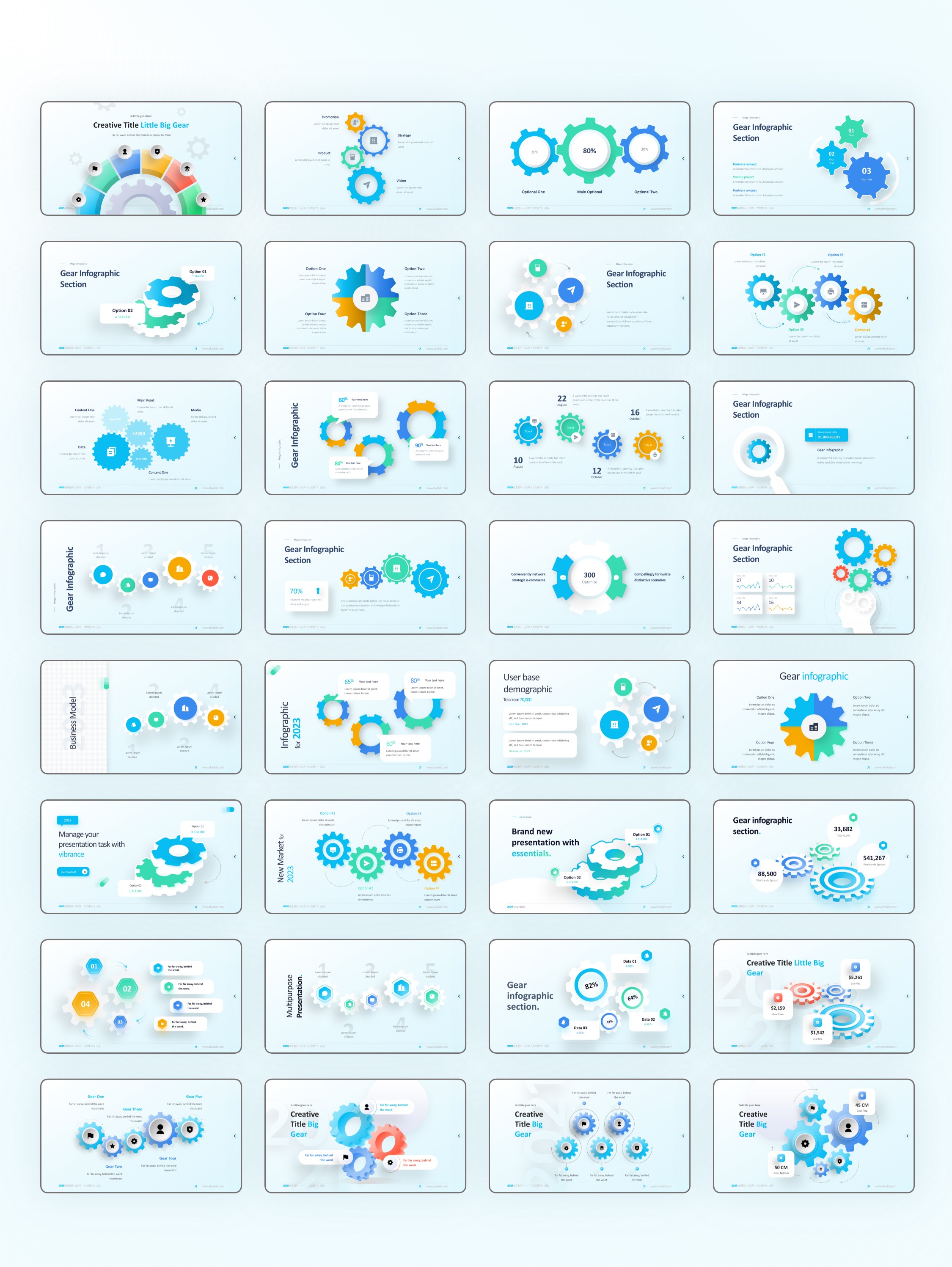 80页齿轮信息图示PPT模板！一键换色！[2303004]