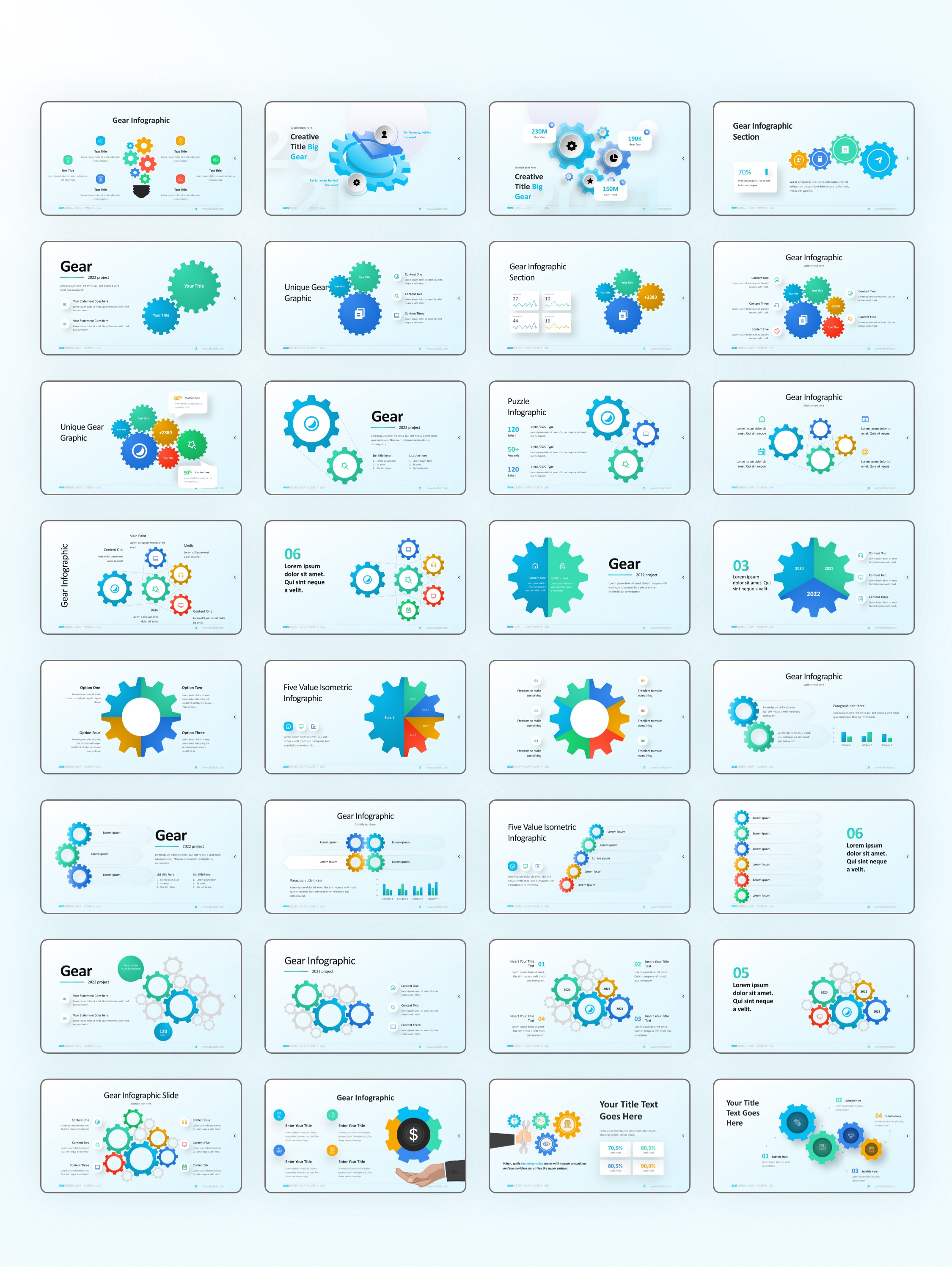 80页齿轮信息图示PPT模板！一键换色！[2303004]