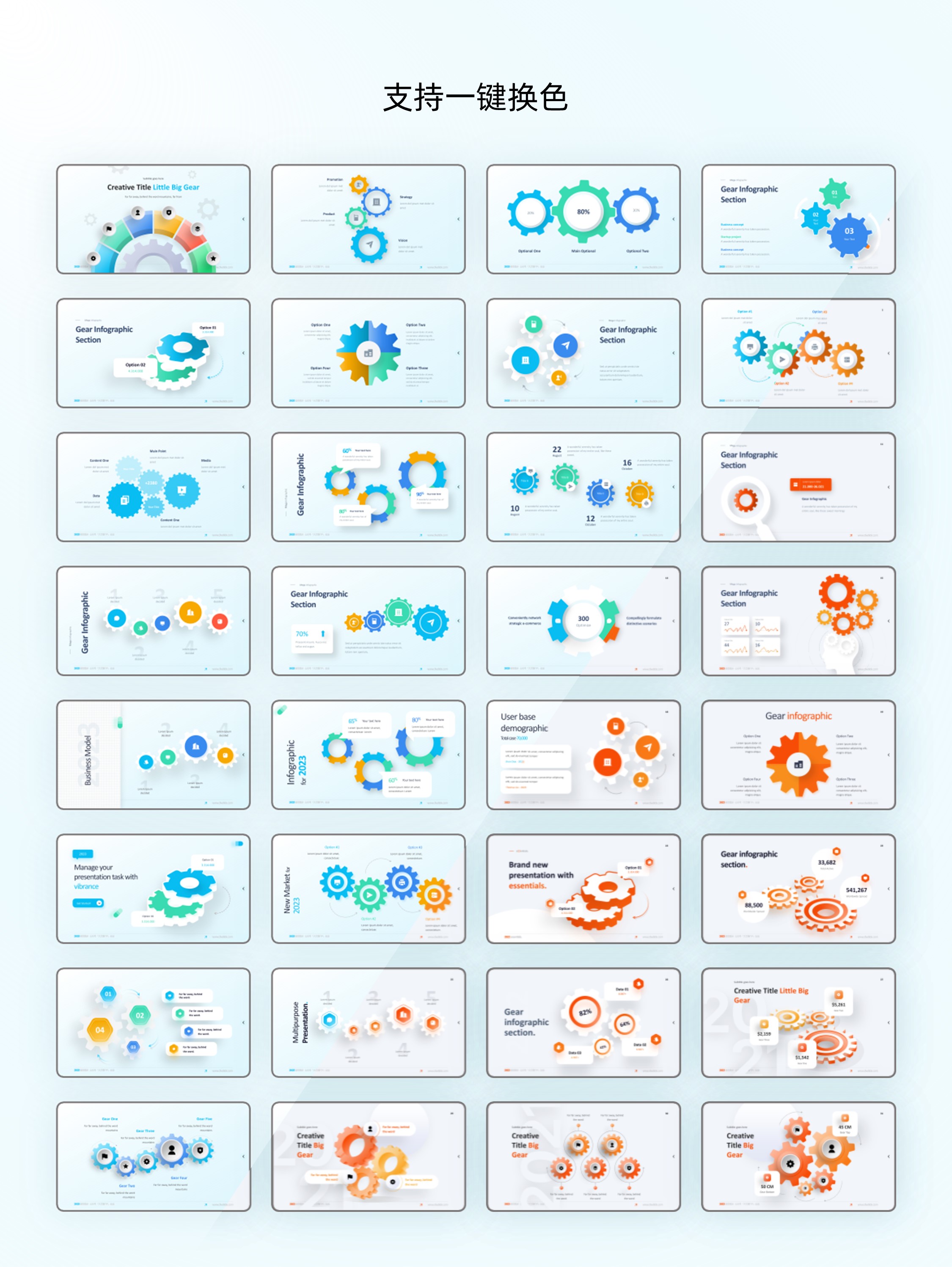 80页齿轮信息图示PPT模板！一键换色！[2303004]
