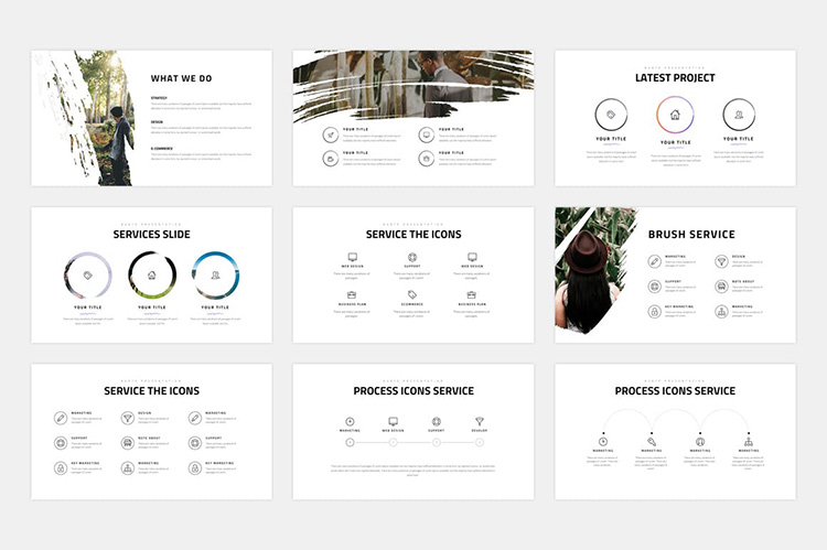 企业宣传ppt模板精选笔刷图形作品集展示旅游摄影团队介绍ppt素材