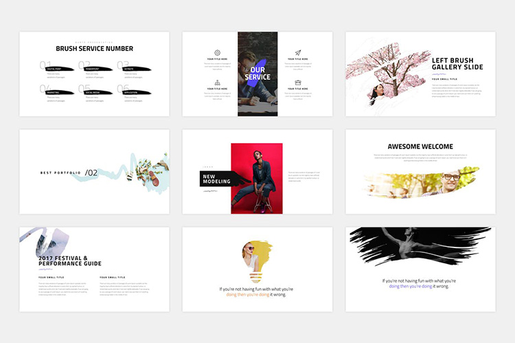 企业宣传ppt模板精选笔刷图形作品集展示旅游摄影团队介绍ppt素材