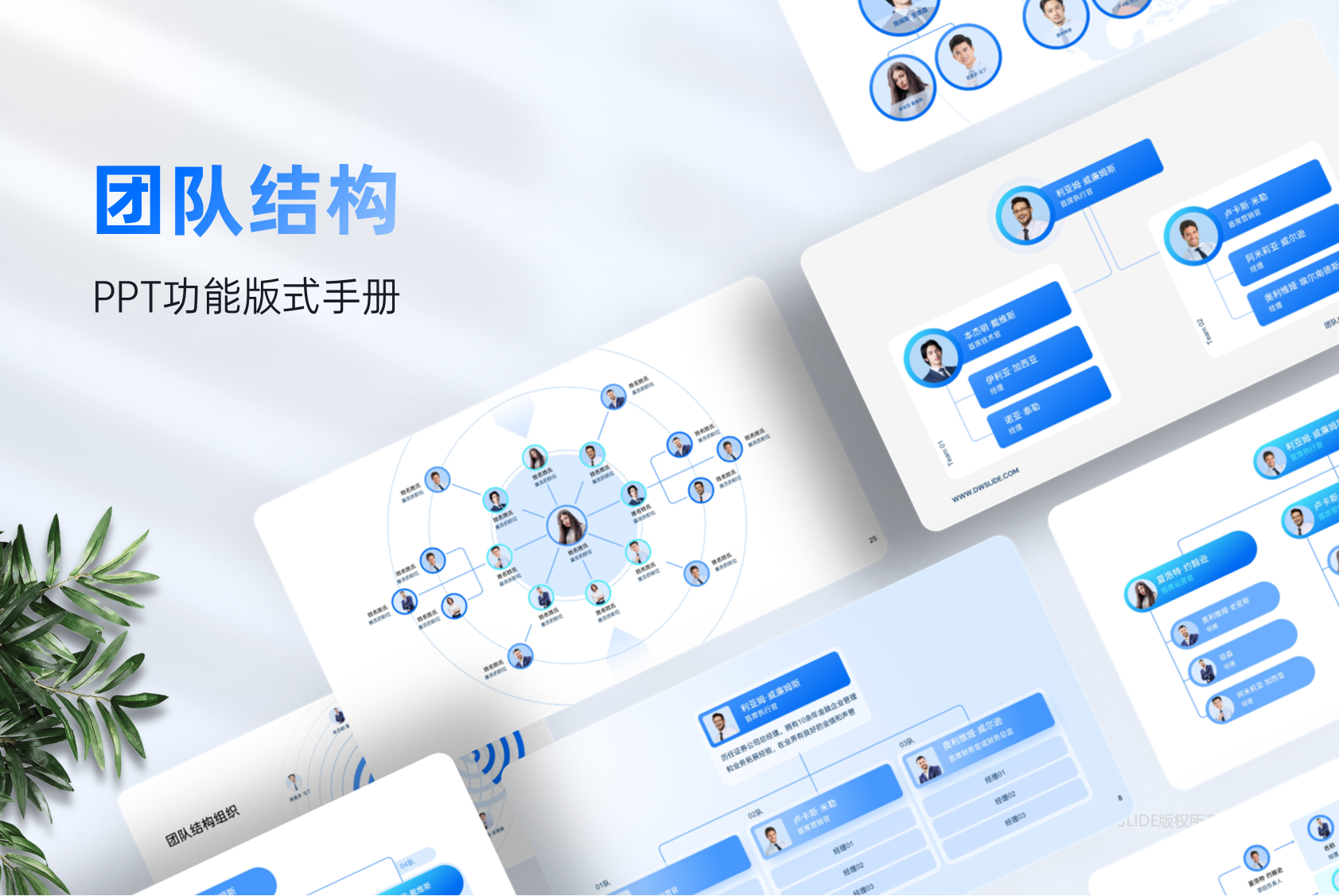 25页定制级团队成员组织结构版式，支持一键换色！