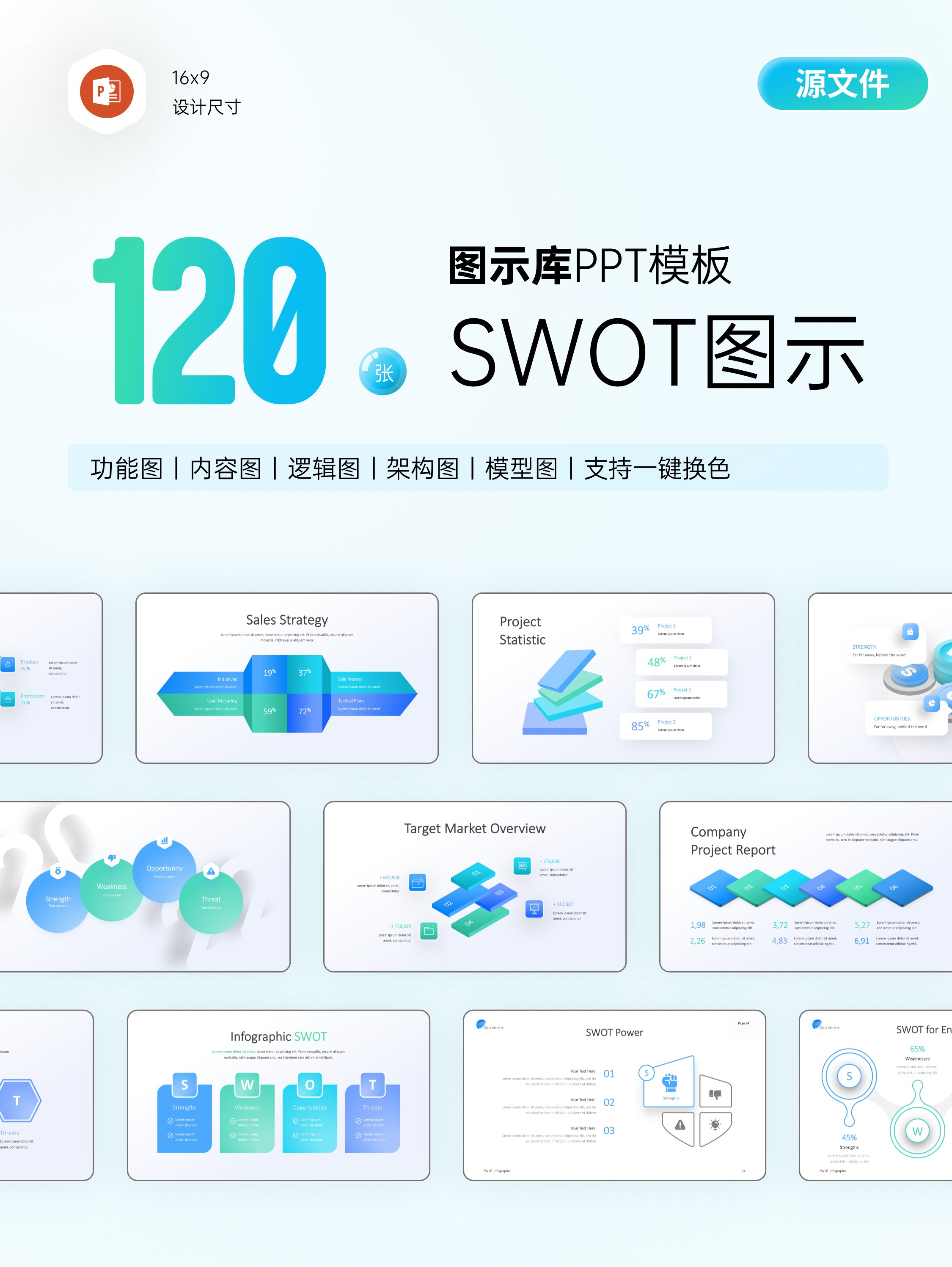 120+页SWOT分析PPT信息图示！一键换色！
