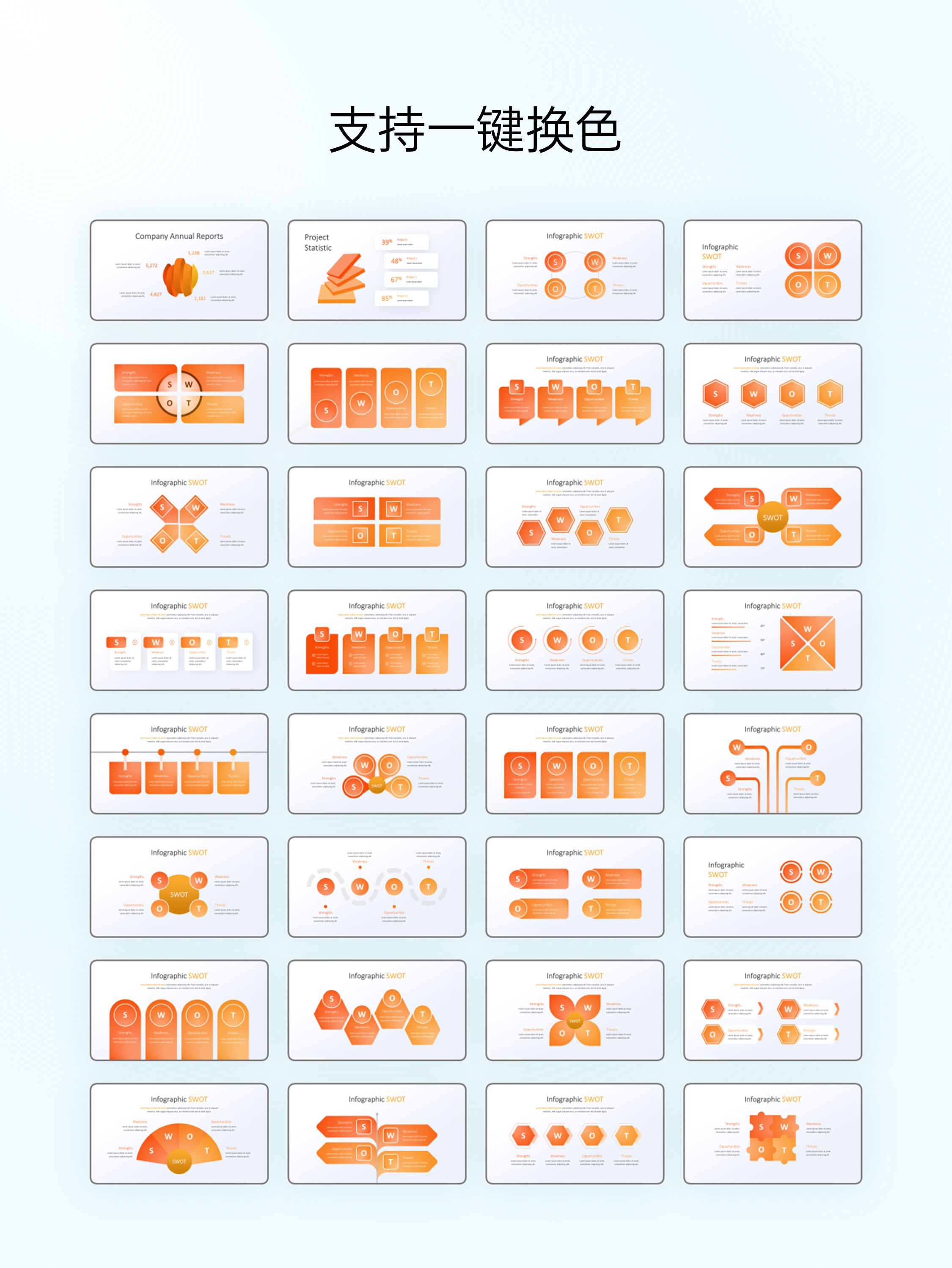 120+页SWOT分析PPT信息图示！一键换色！