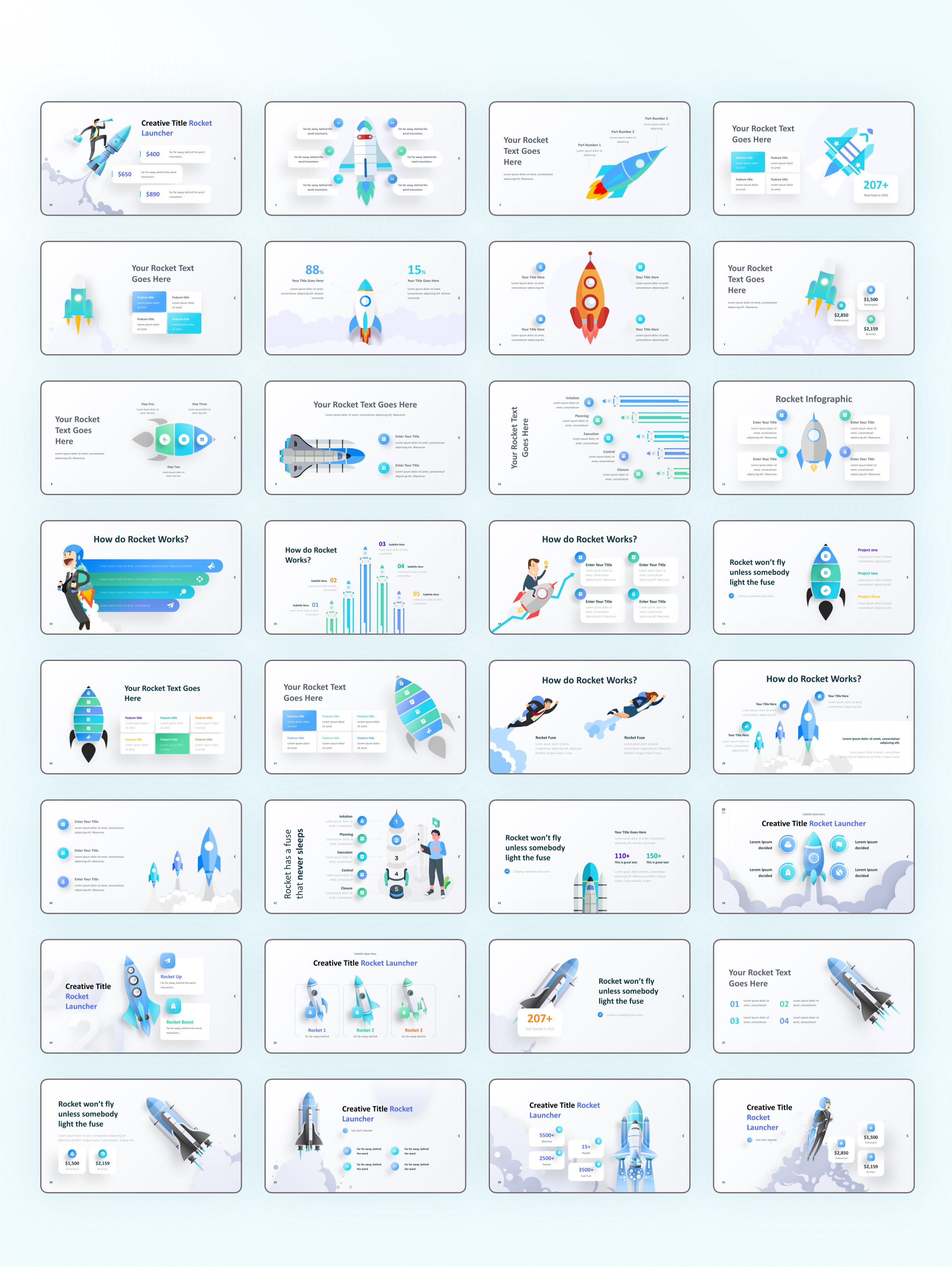 110页火箭信息图示PPT模板版式，支持一键换色！