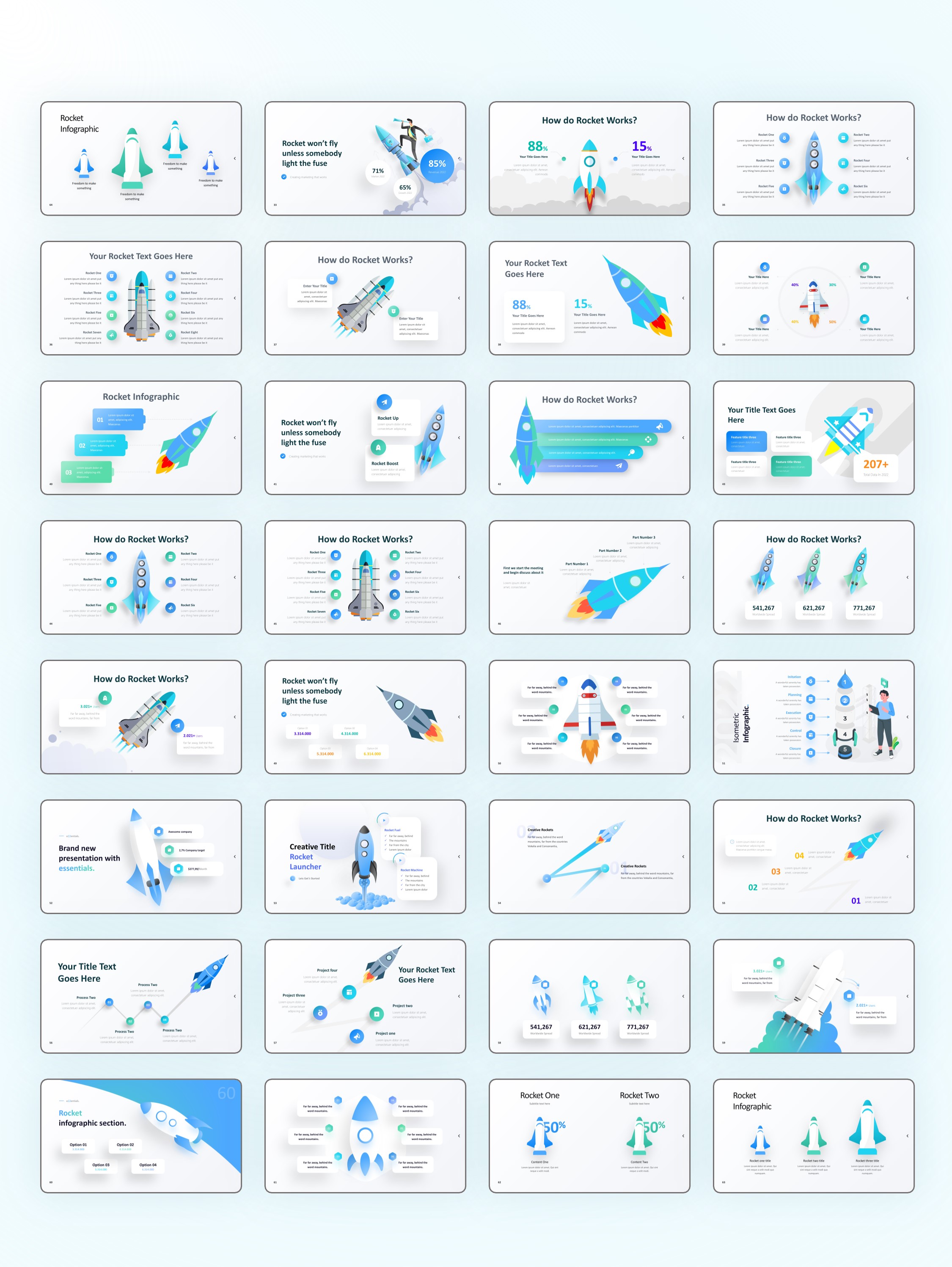 110页火箭信息图示PPT模板版式，支持一键换色！