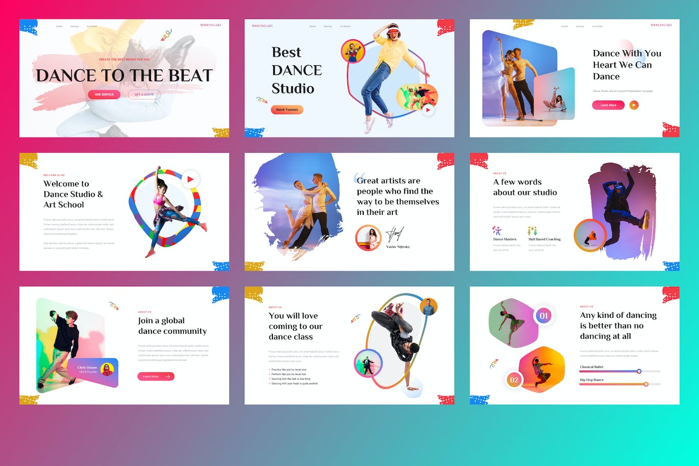 舞蹈工作室和艺术学校ppt模板 (PPTX)