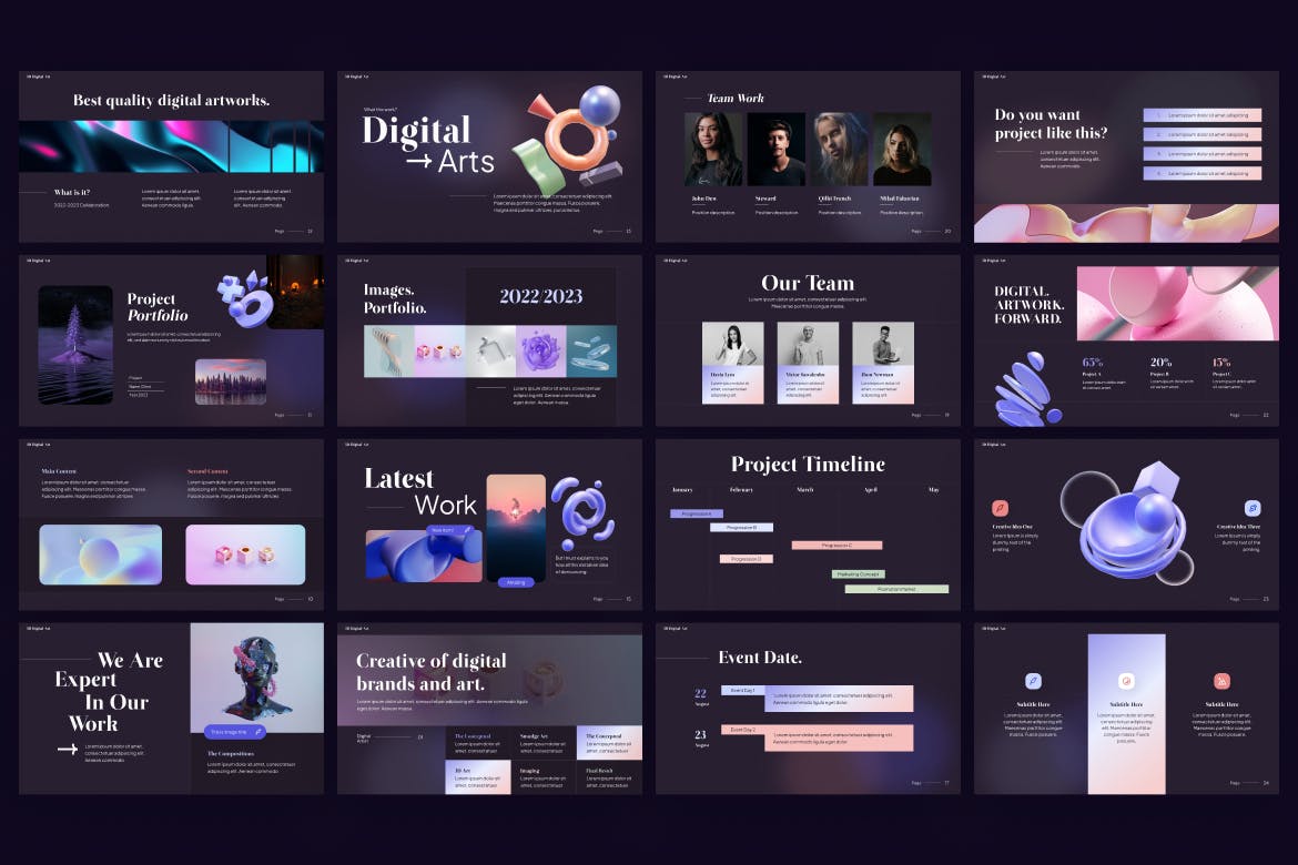 3D数字艺术创意ppt模板 (PPTX)