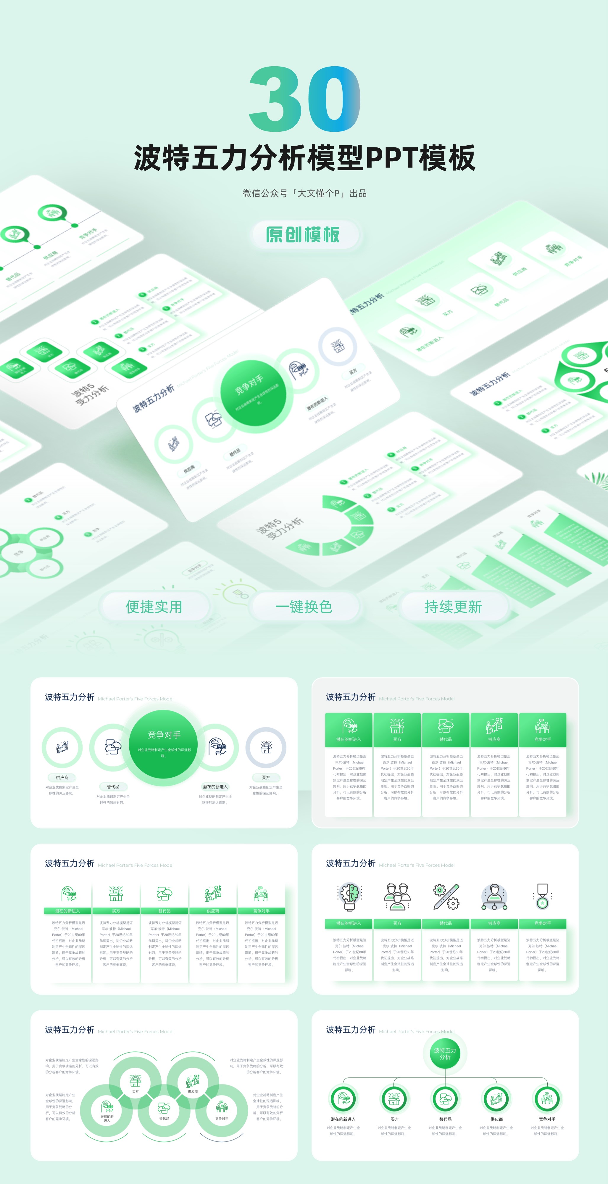 30页波特五力分析模型PPT模板，支持一键换色