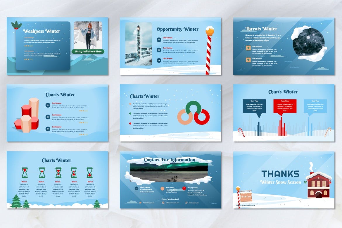 冬季白雪元素圣诞PPT模板 (PPTX)
