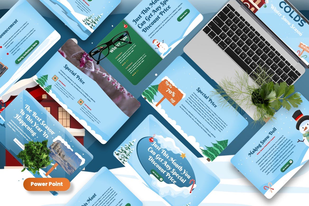 冬季白雪元素圣诞PPT模板 (PPTX)