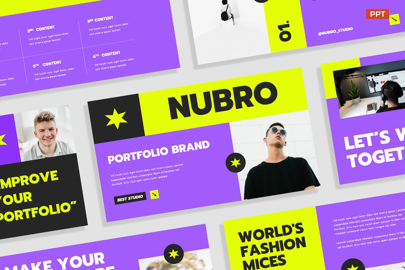 现代紫青配色品牌作品集ppt模板 (PPTX,PPT)