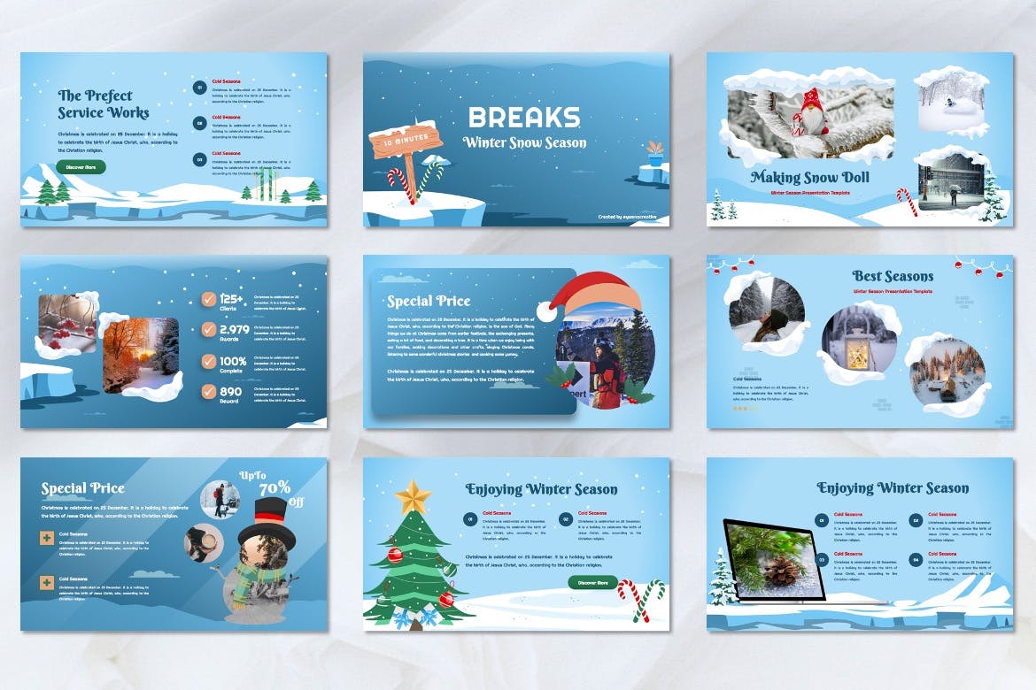 冬季白雪元素圣诞PPT模板 (PPTX)