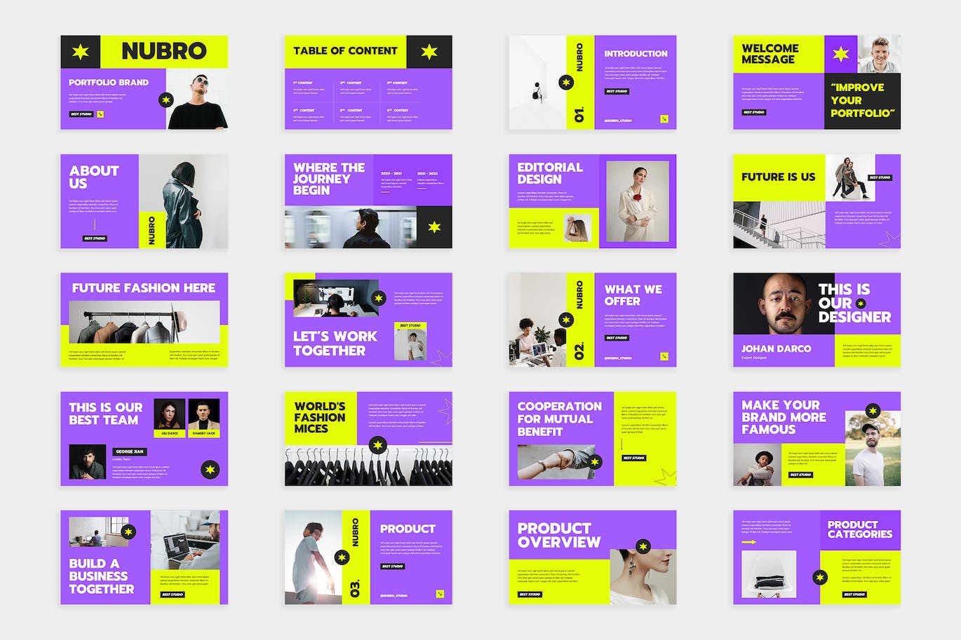 现代紫青配色品牌作品集ppt模板 (PPTX,PPT)