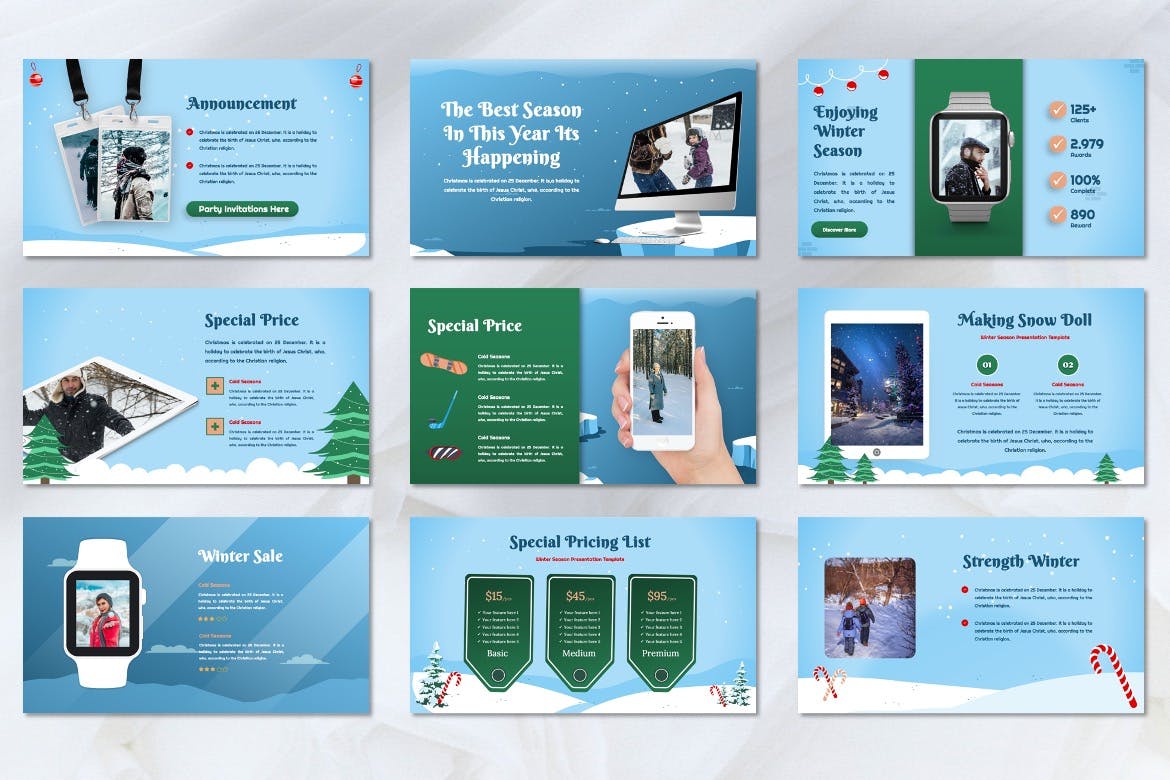 冬季白雪元素圣诞PPT模板 (PPTX)