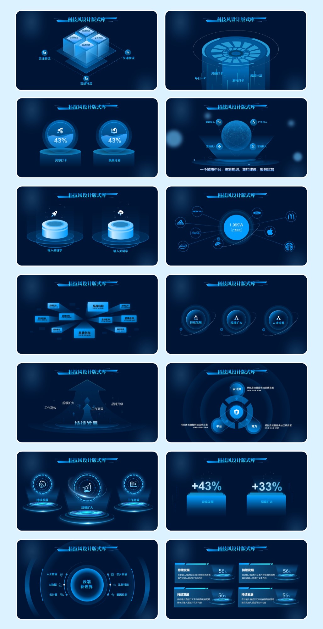 70页炫酷科技风风格版式库模板！