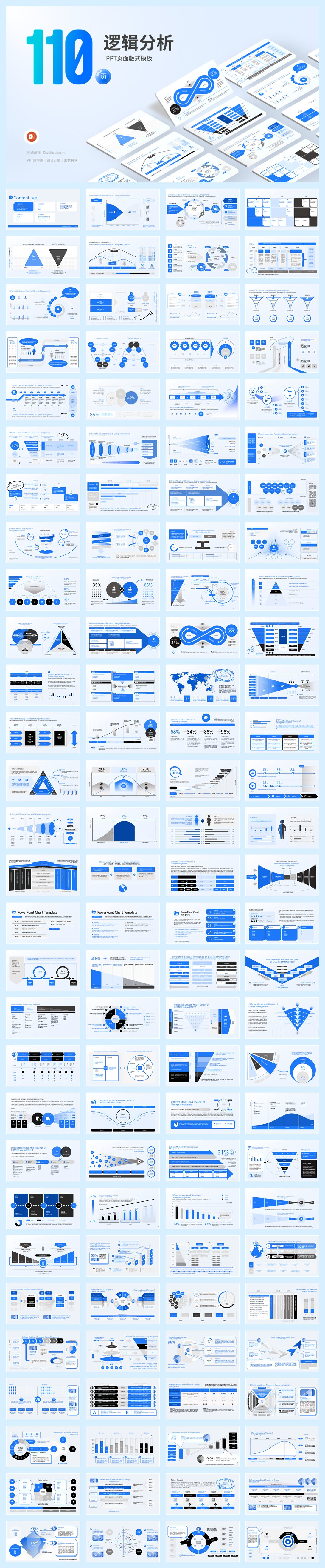 110页蓝色逻辑分析图表数据模型，支持一键换色！[8118]