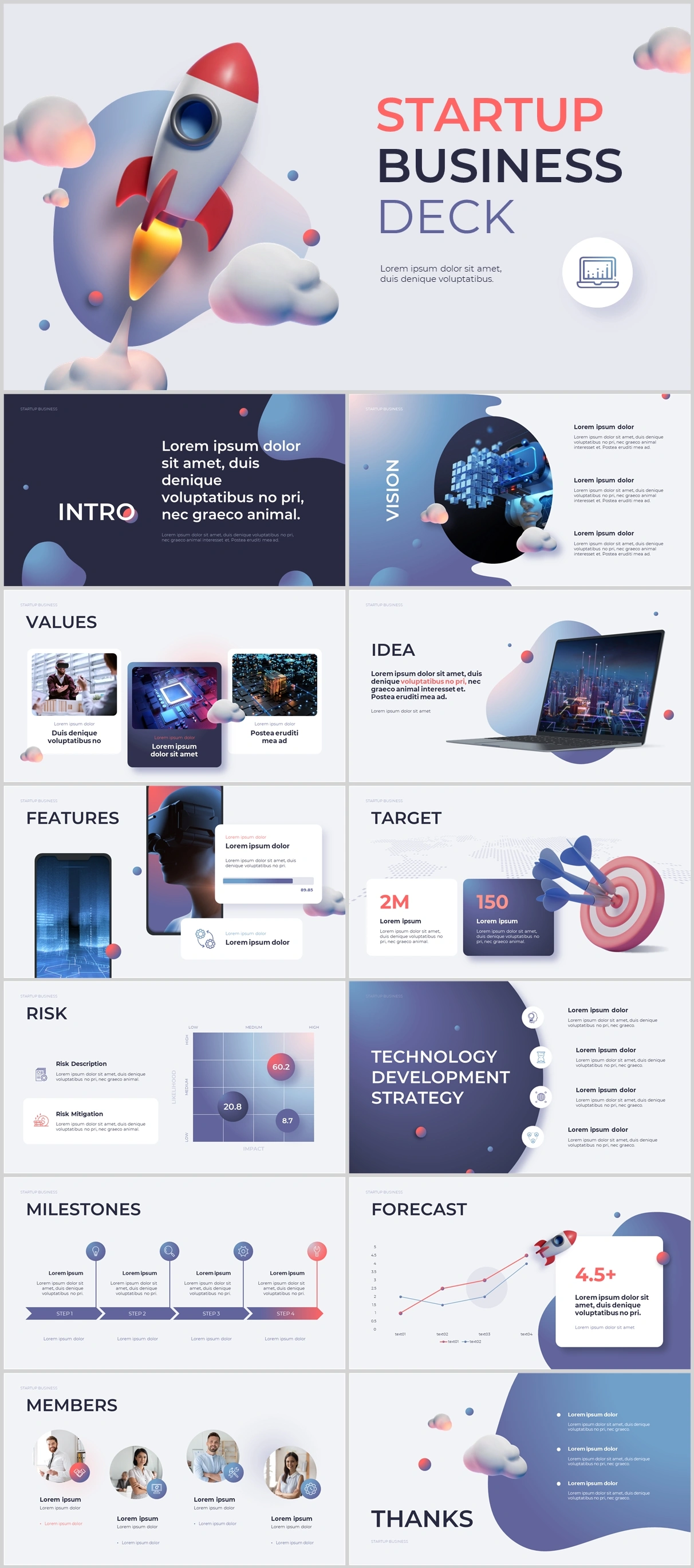 立体3D卡通小火箭PPT模板