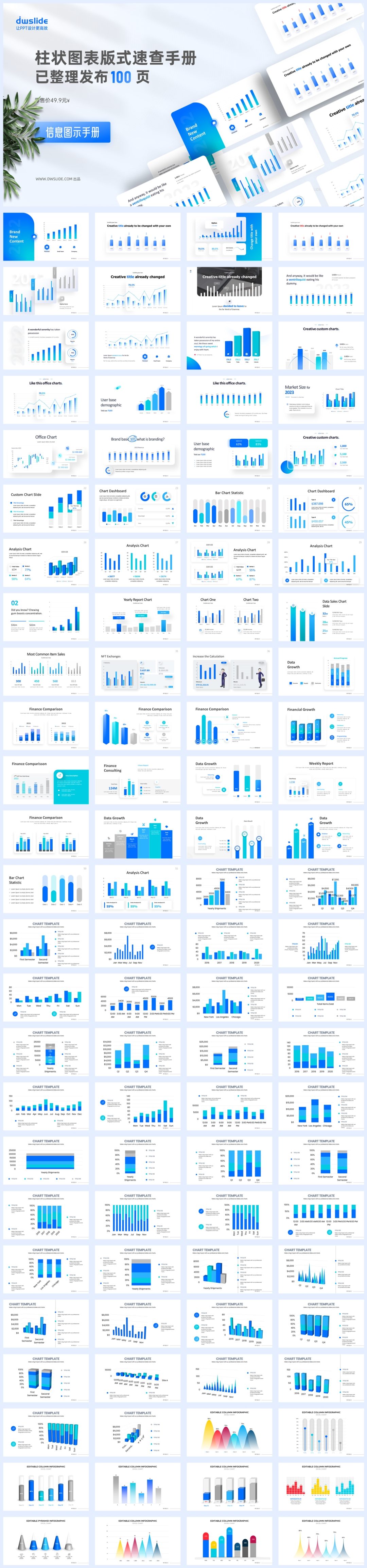 100页柱状图数据图表版式，一键换色