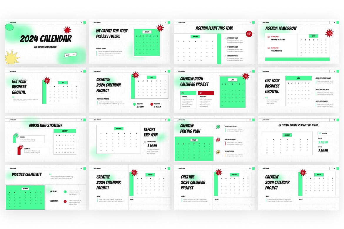 2024 年绿色波普艺术日历 PPT模版 (PPTX)