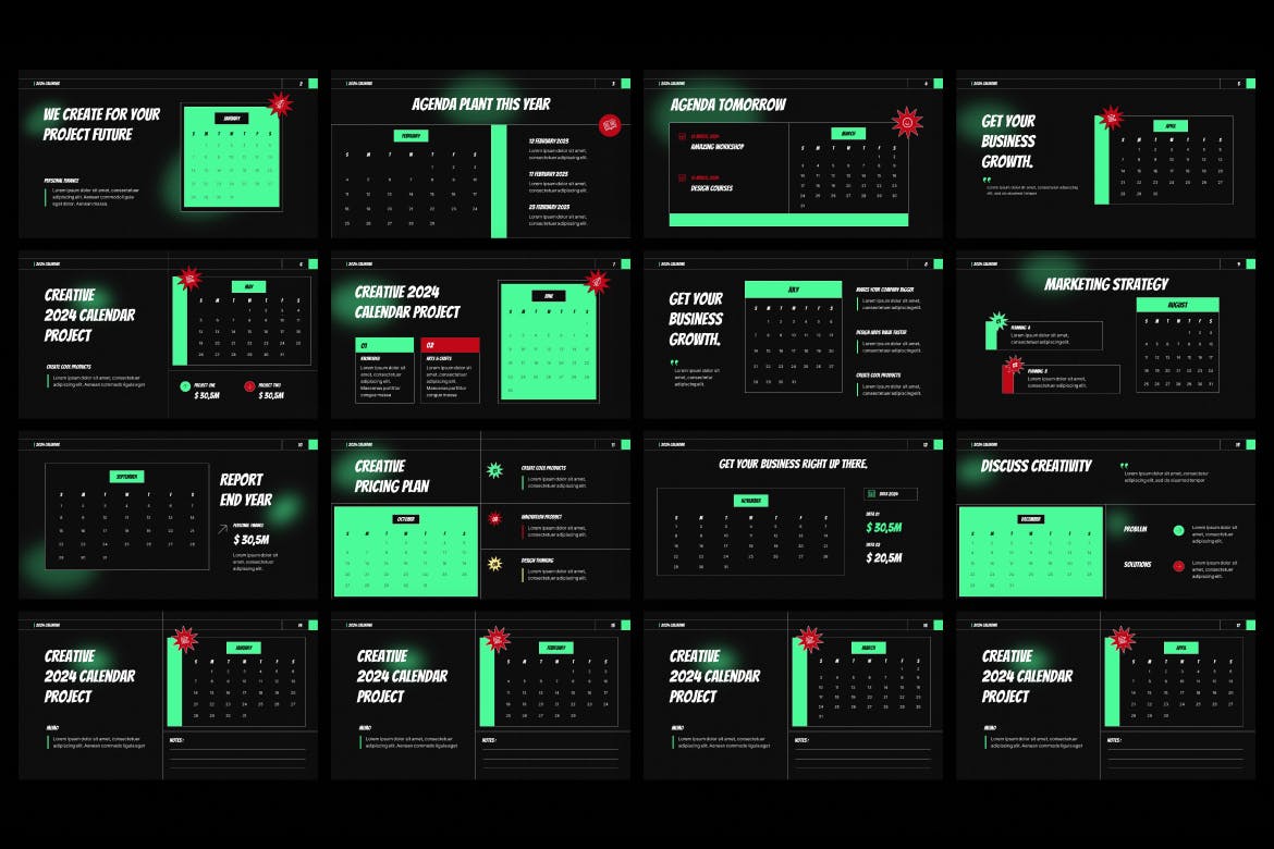 2024 年绿色波普艺术日历 PPT模版 (PPTX)