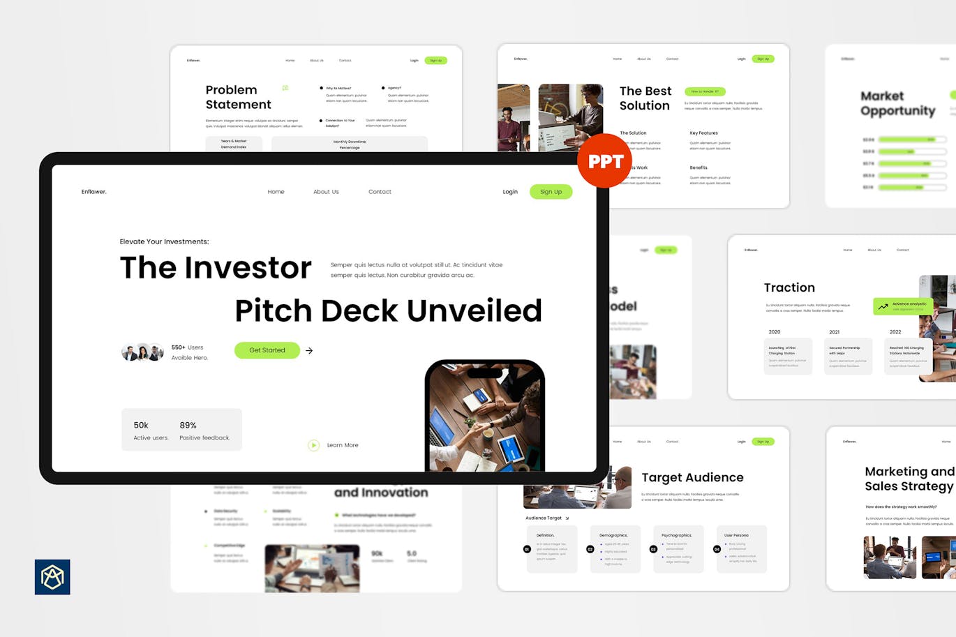 绿色简约现代初创公司宣传演讲稿PPT模版 (PPT,PPTX)