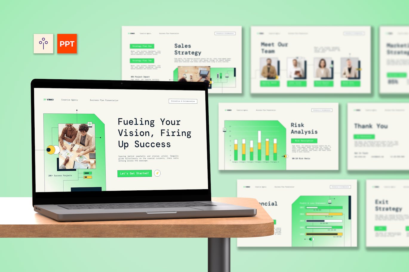 绿渐变创意机构商业计划PPT模版 (PPTX)