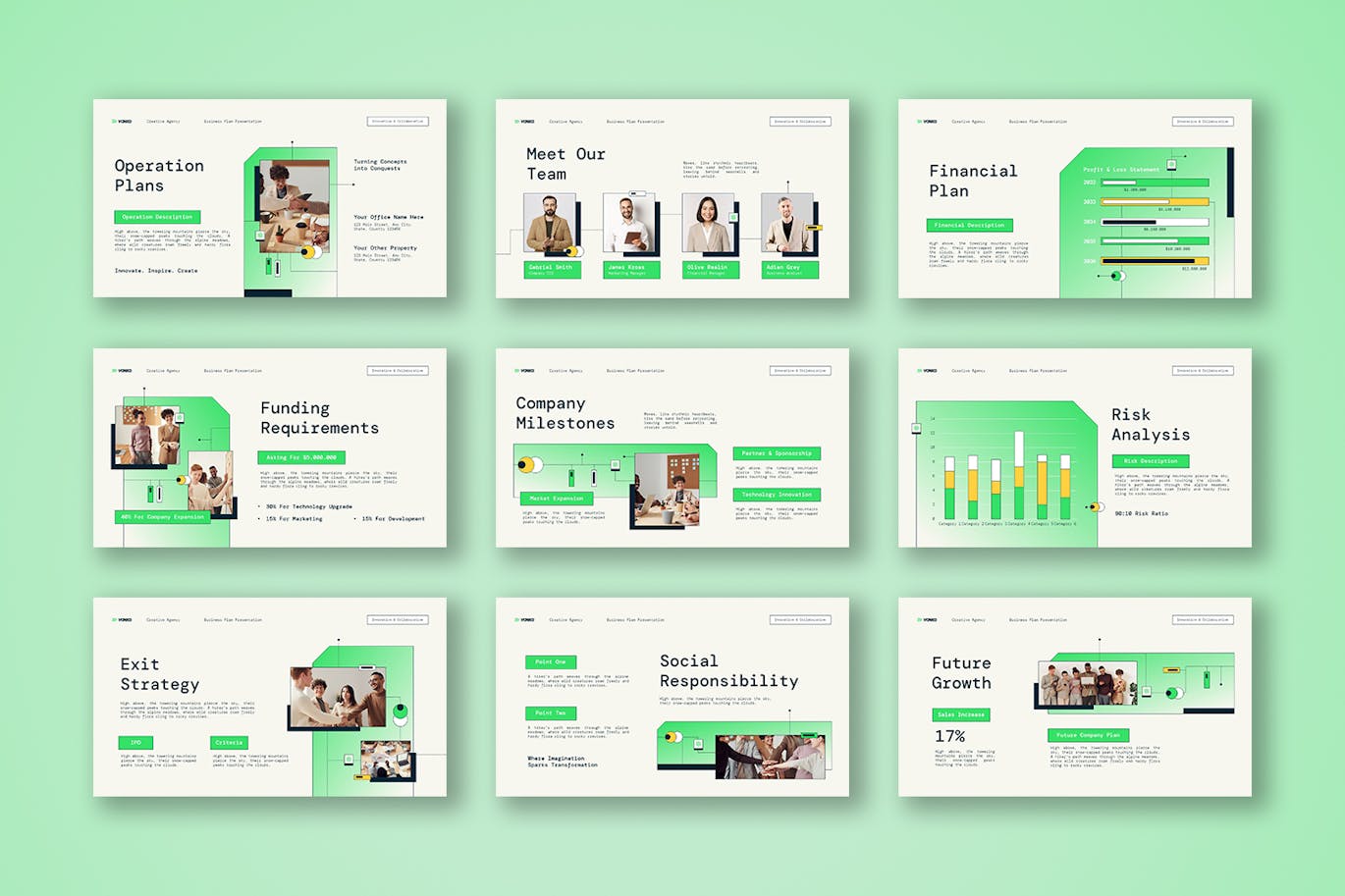 绿渐变创意机构商业计划PPT模版 (PPTX)