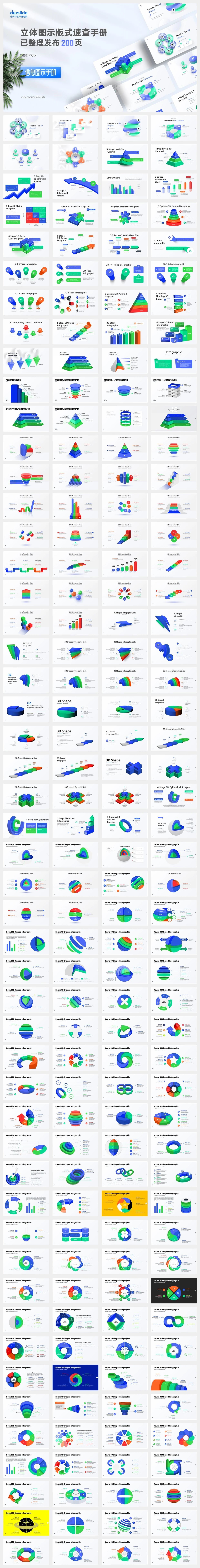 200页纯PPT绘制3D形状立体图示PPT模板版式,一键换色!
