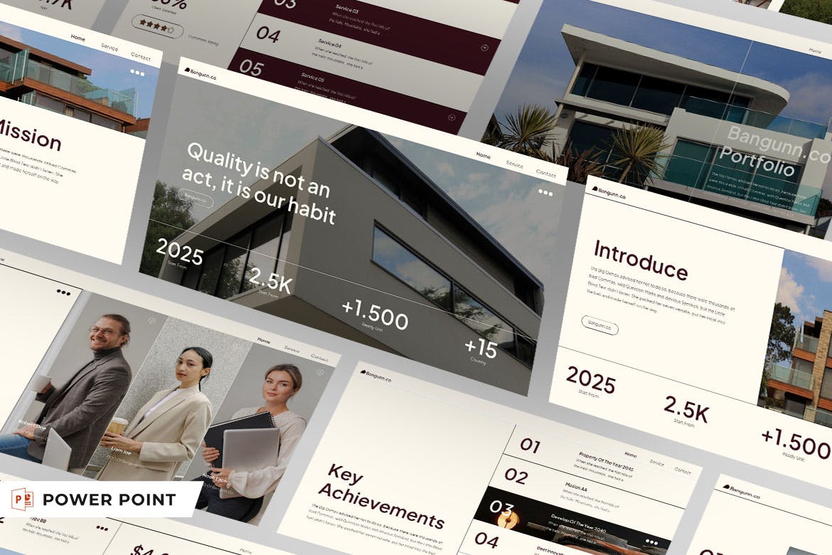 奶油棕色极简房地产简介PPT模版 (PPTX,PPT)