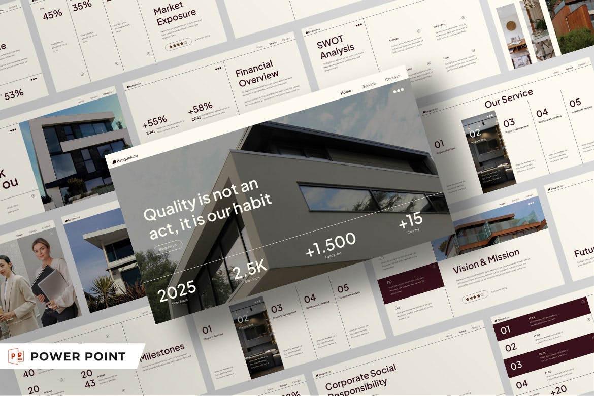 奶油棕色极简房地产简介PPT模版 (PPTX,PPT)