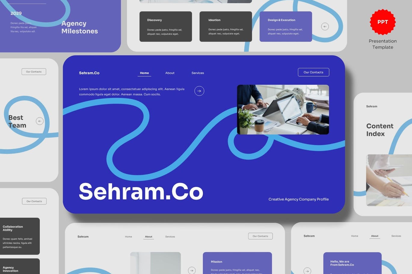 白蓝创意公司简介介绍PPT模版 (PPTX,PPT)