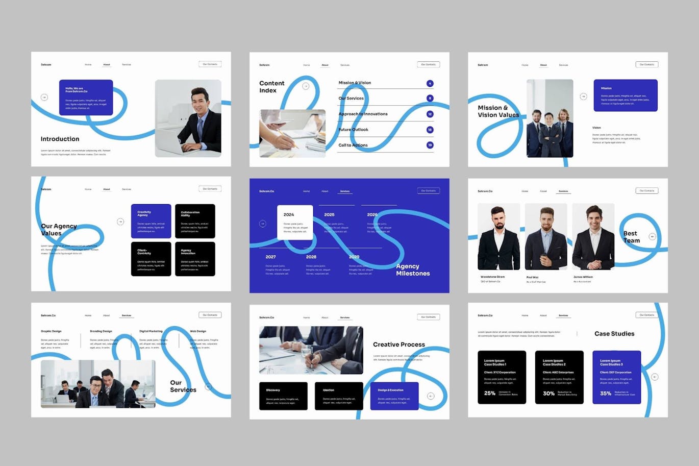 白蓝创意公司简介介绍PPT模版 (PPTX,PPT)