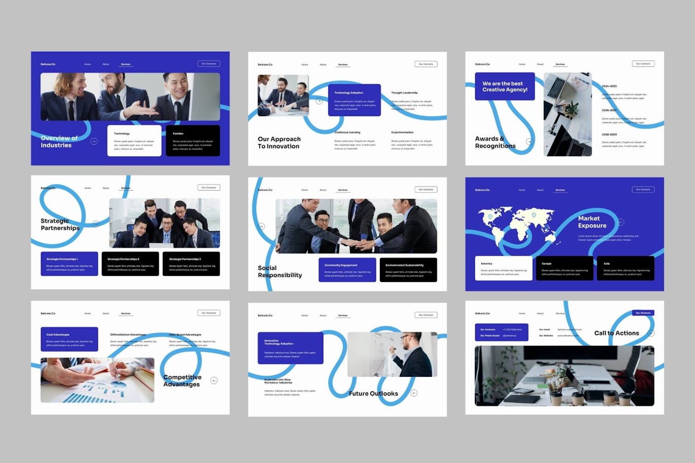 白蓝创意公司简介介绍PPT模版 (PPTX,PPT)