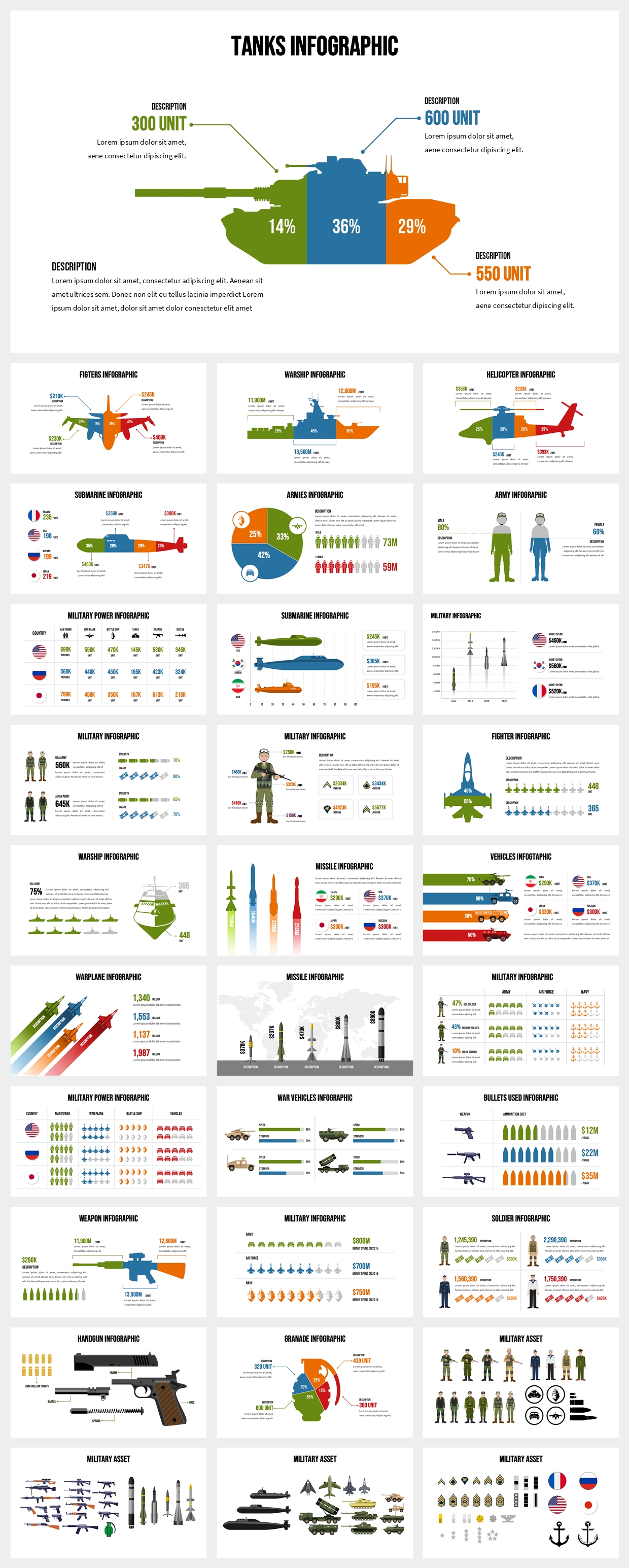 30张军事武器图示PPT模板，全部矢量可编辑