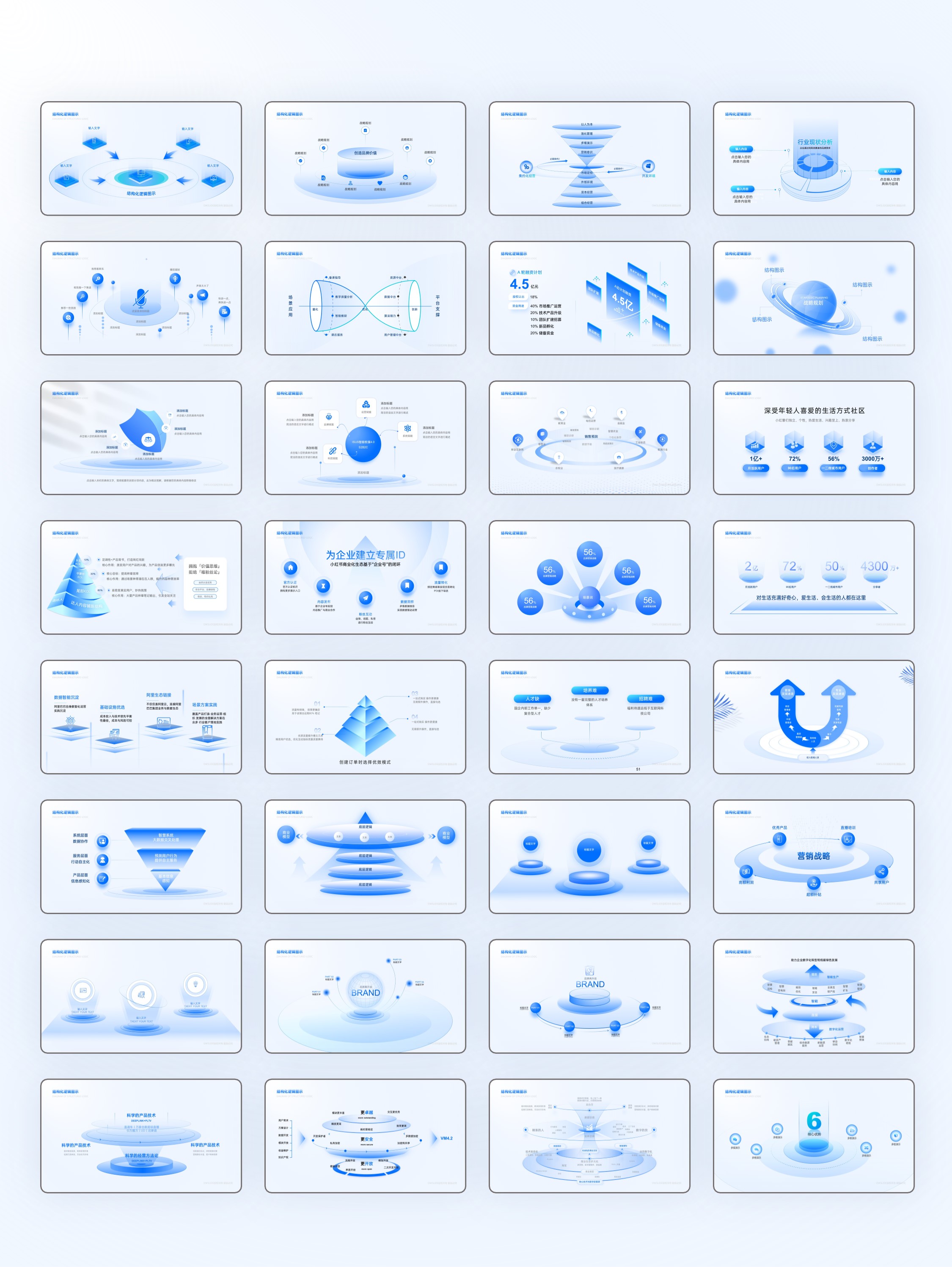 100页蓝色立体结构化逻辑图示PPT模板