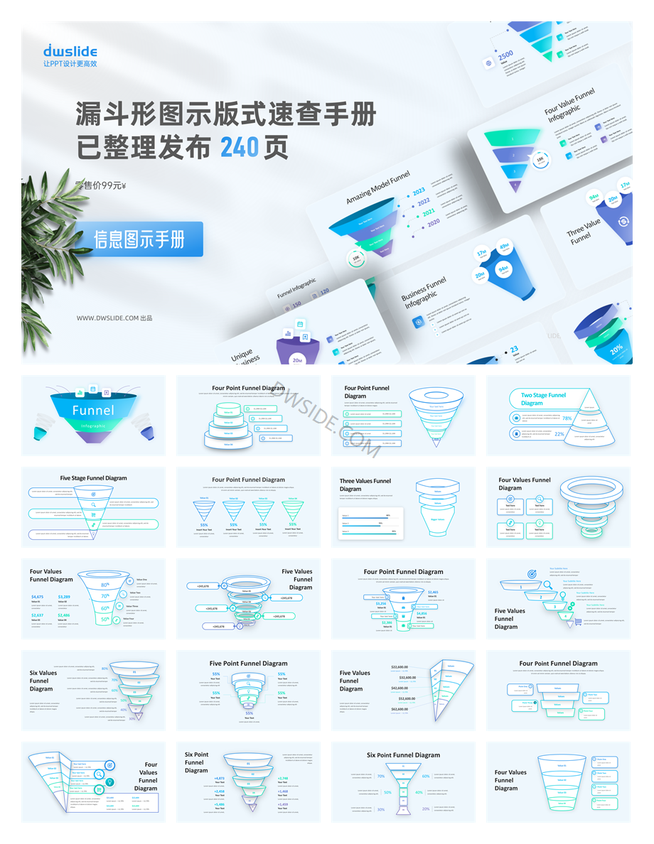 240+页橙色锥形过滤结果信息图示PPT模板