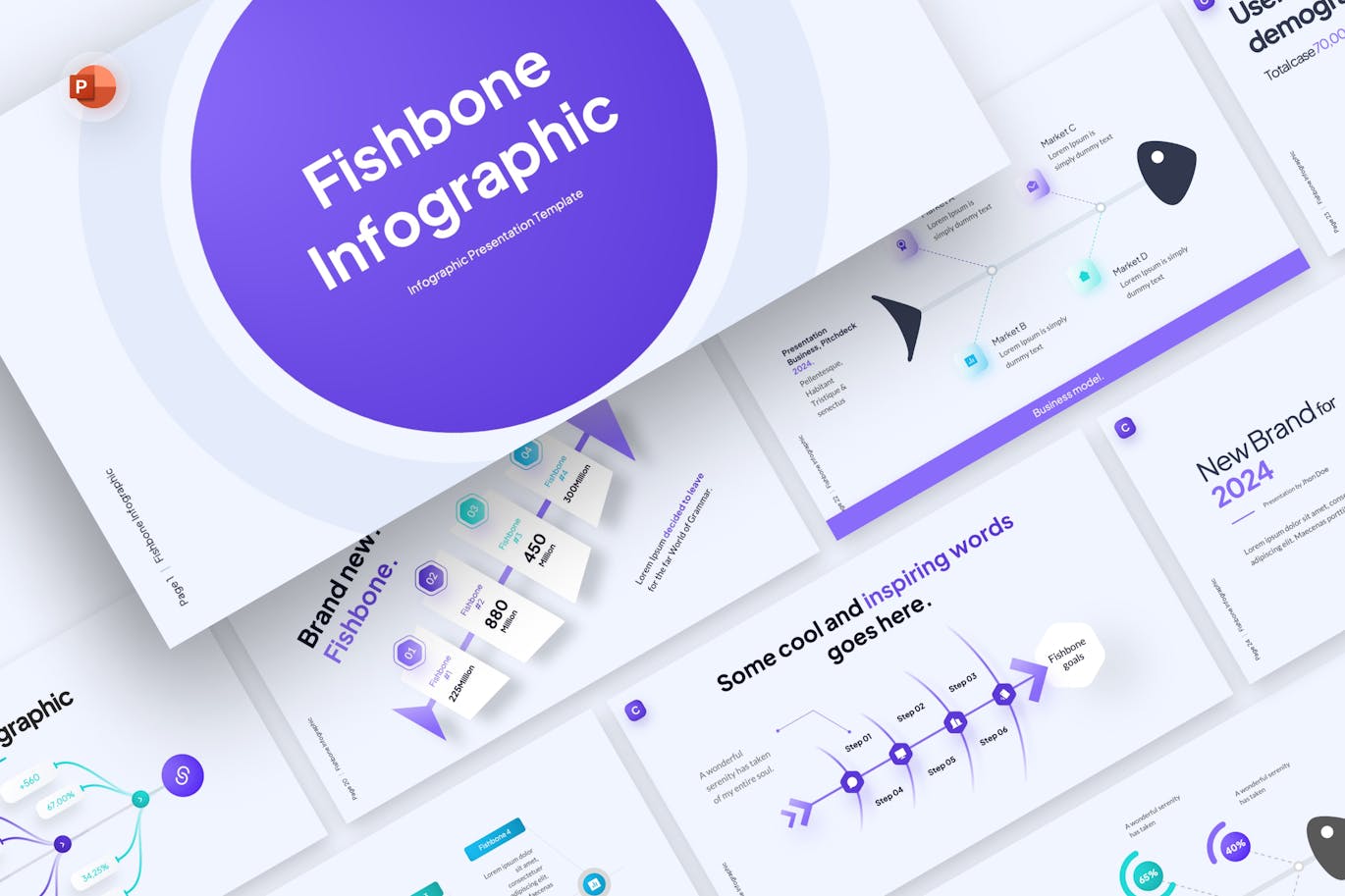 鱼骨信息图表  PPT模版 (PPTX)