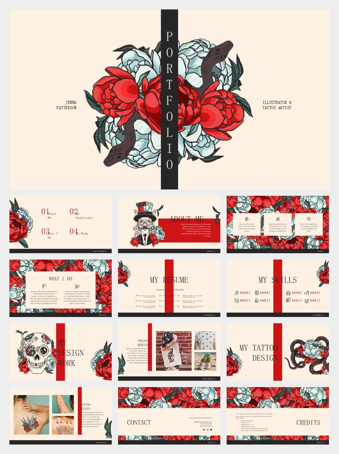 红色卡通花卉PPT模板