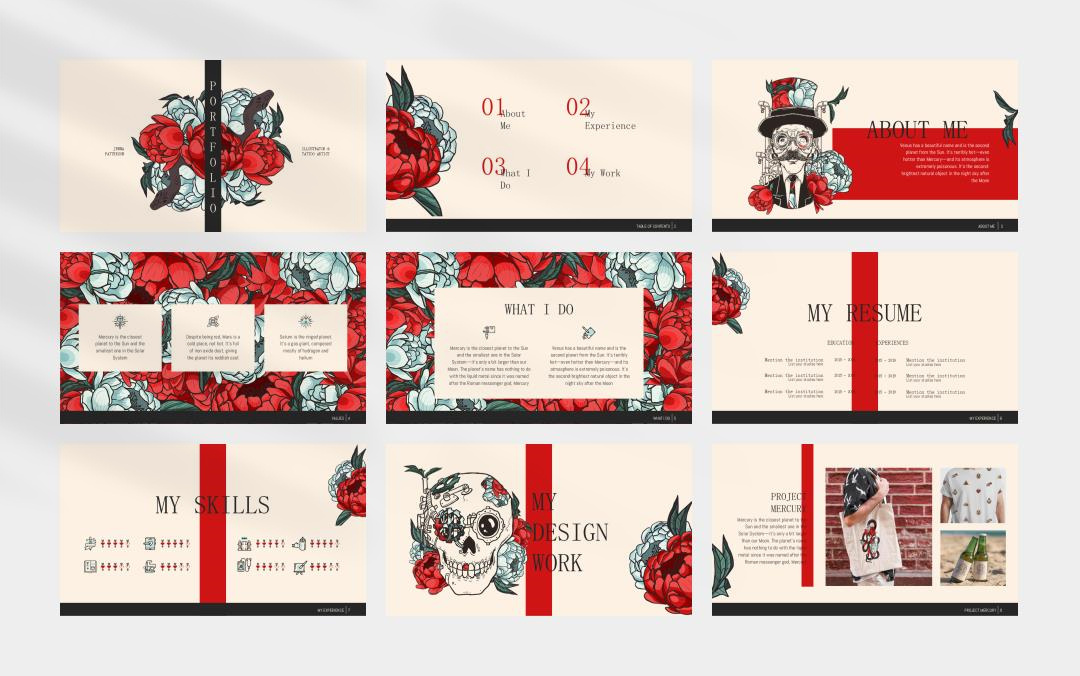 红色卡通花卉PPT模板