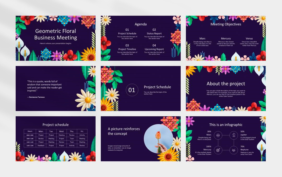 紫色卡通花卉文艺主题PPT模板