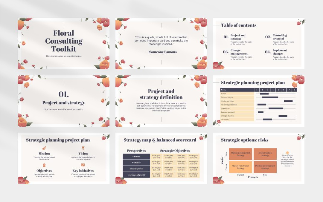 红色清新花卉文艺主题PPT模板